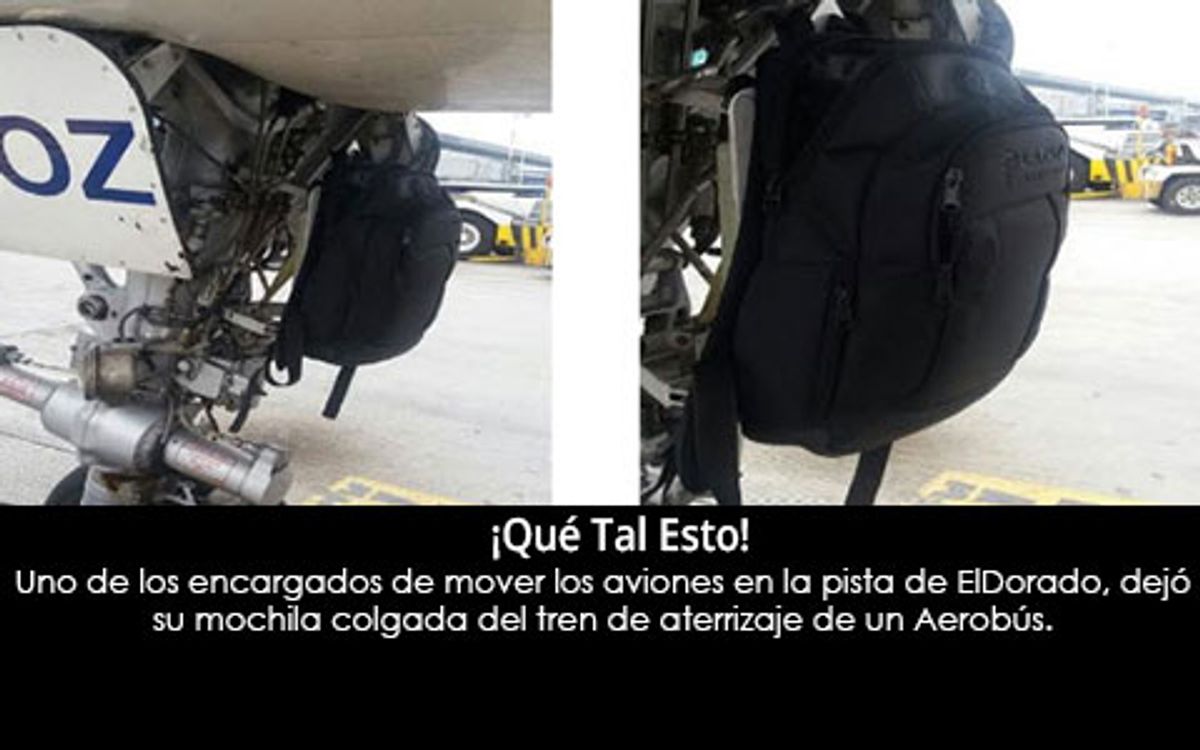 Encargado de mover aviones de ElDorado,dejó su mochila colgada en tren de aterrizaje de avión