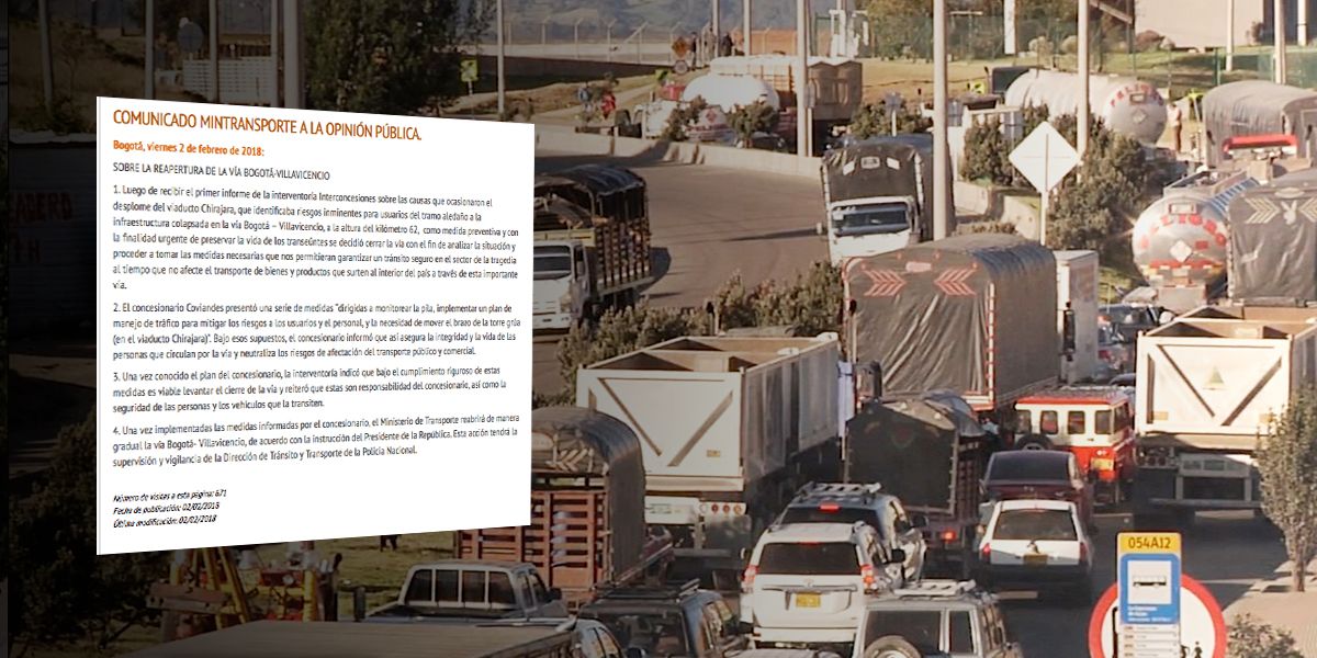 Vía Bogotá – Villavicencio se reabrirá gradualmente: Mintransporte