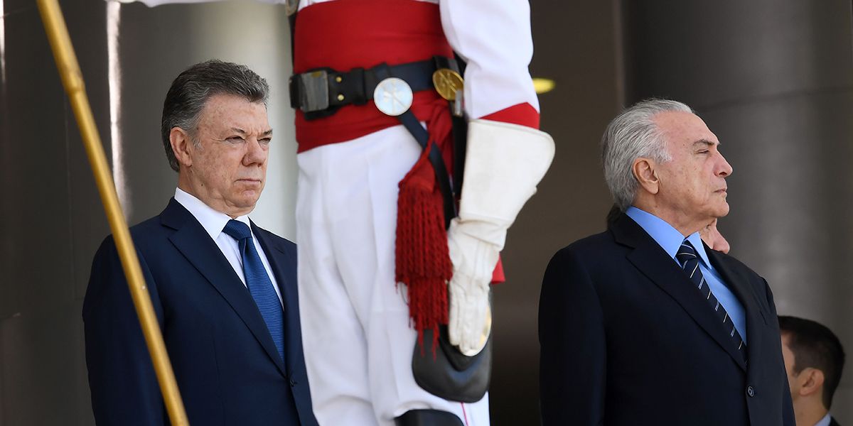 Michel Temer recibe al presidente Santos en el palacio presidencial de Brasilia