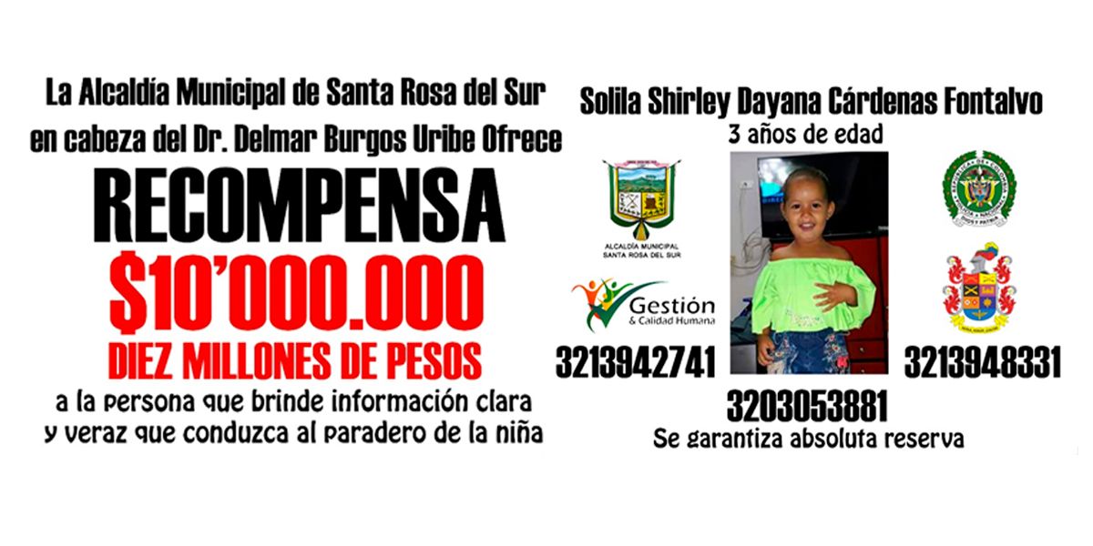 Recompensa de $10 millones por información de niña raptada en el sur de Bolívar