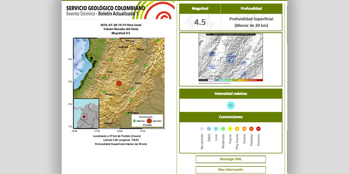 Sismo de 4.5 se sintió en Cauca y departamentos cercanos