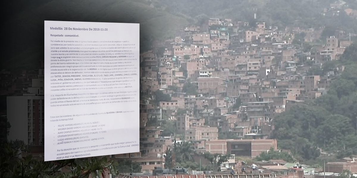 Autoridades califican de ‘cínico’ el panfleto de la banda ‘La Agonía’ justificando crímenes en Medellín
