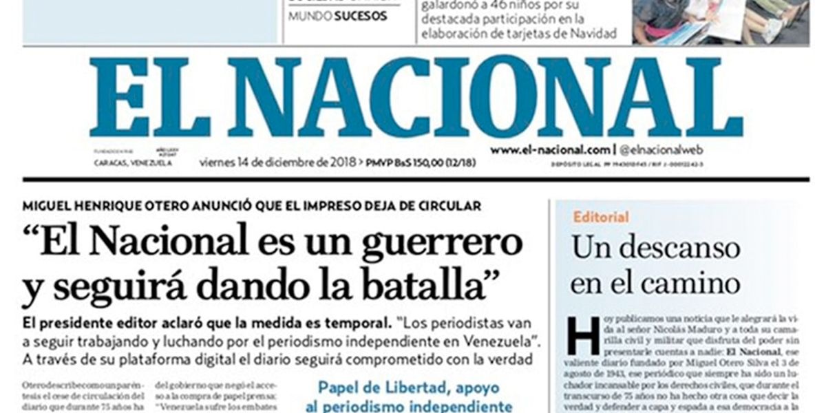 La última portada impresa de El Nacional y ‘un descanso en el camino’