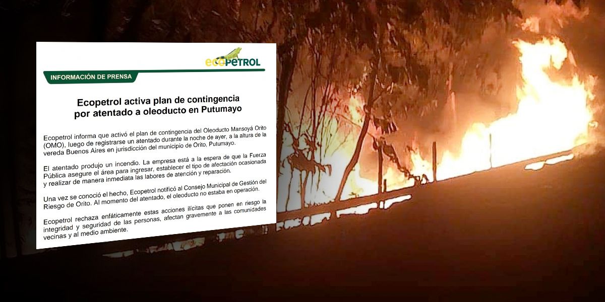 Ecopetrol anuncia plan de contingencia tras atentado contra oleoducto Mansoyá Orito en Putumayo