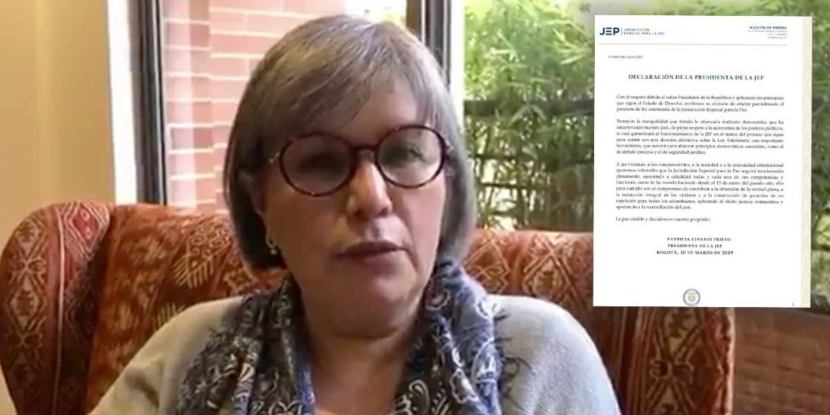 ‘JEP seguirá funcionando pese a objeciones del presidente Duque’: Patricia Linares