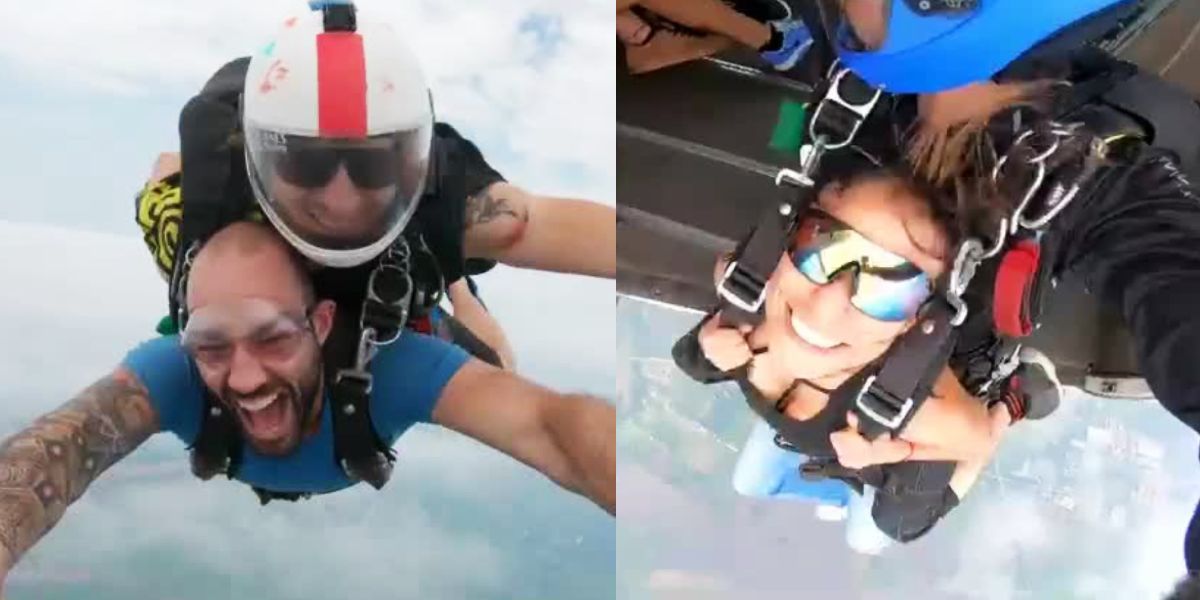El salto en paracaídas de Leo Morán y Alexandra Santos