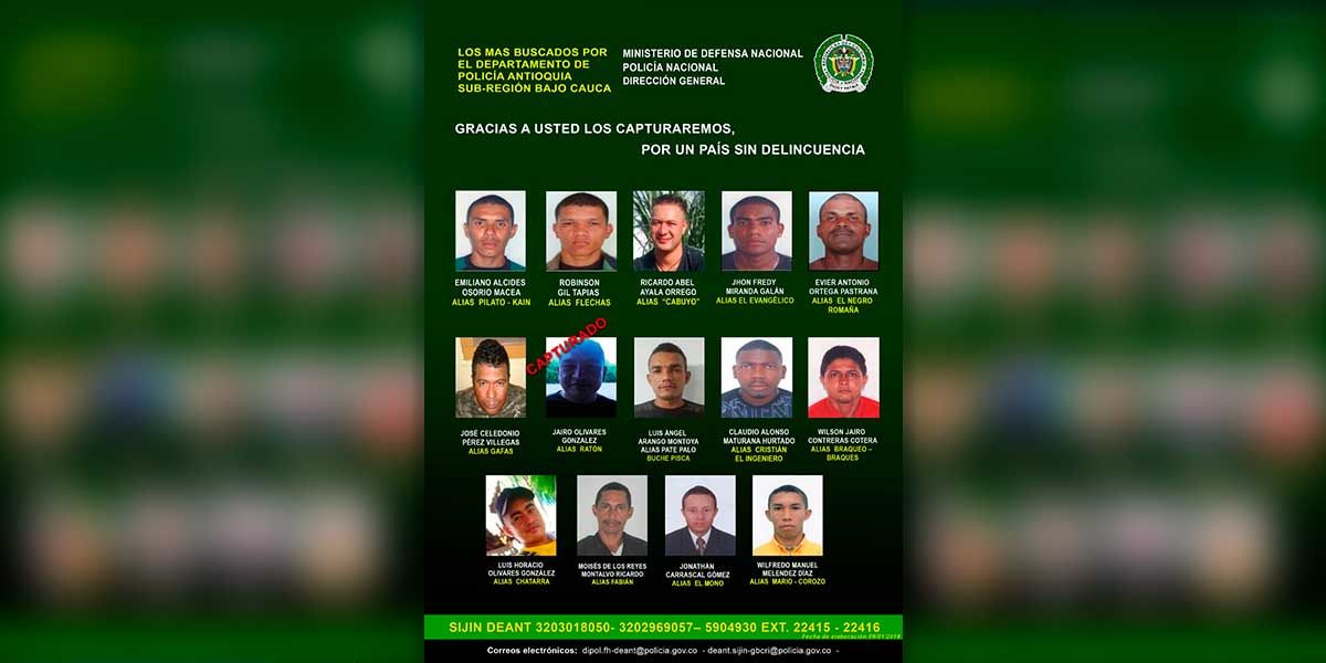 Revelan cartel de los delincuentes más buscados del Bajo Cauca antioqueño