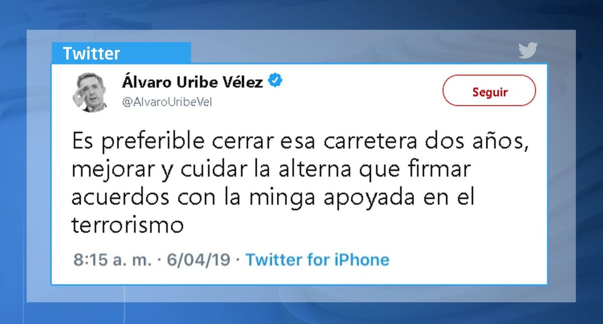 En un trino el senador Álvaro Uribe reprochó la negociación con los indígenas