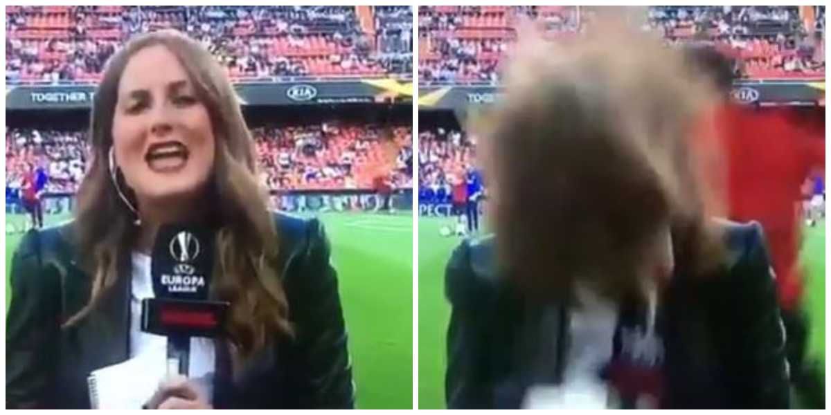 ¡Auuuchhh! Tremendo balonazo se llevó una periodista en vivo en el partido Valencia vs. Arsenal