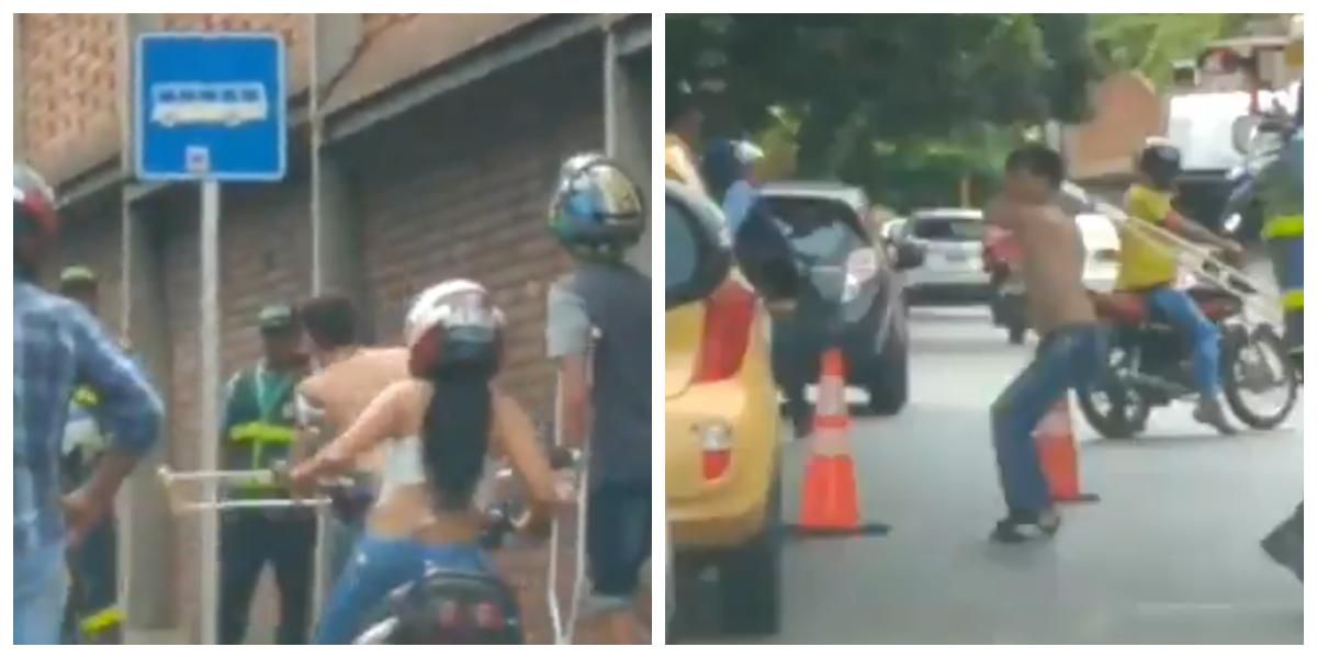 (VIDEO) Con una muleta, motociclista y agentes de tránsito se fueron a los golpes