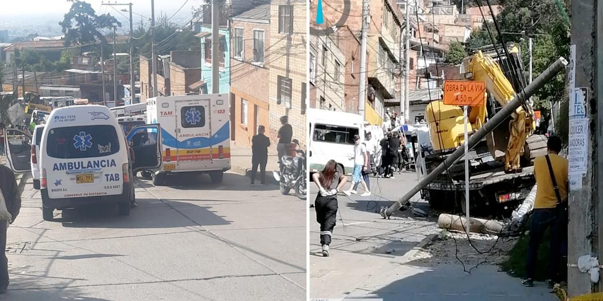 Varios heridos por choque de bus escolar y grúa que llevaba retroexcavadora en el sur de Bogotá