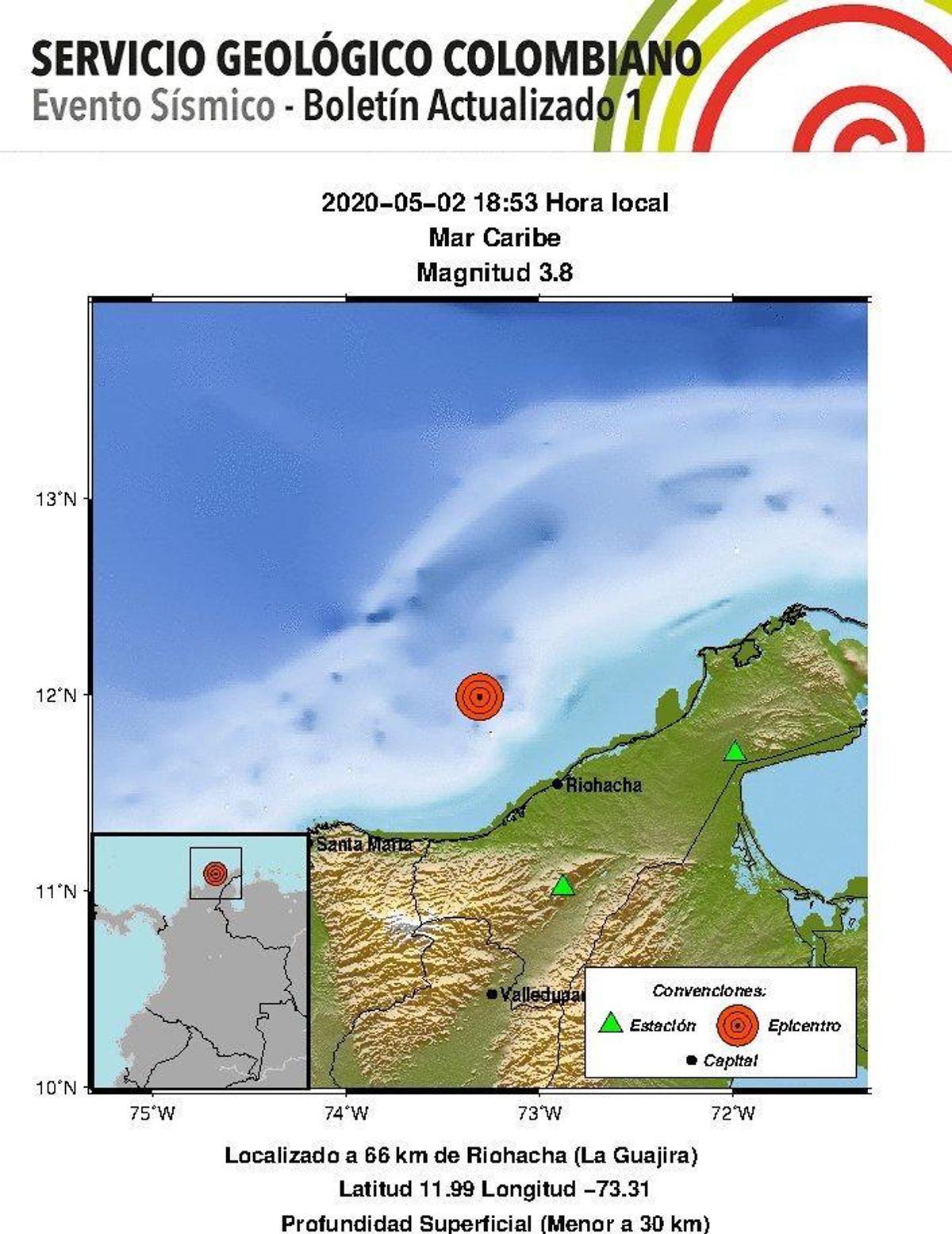 Se presentó un sismo de magnitud 3.8 en el Mar Caribe