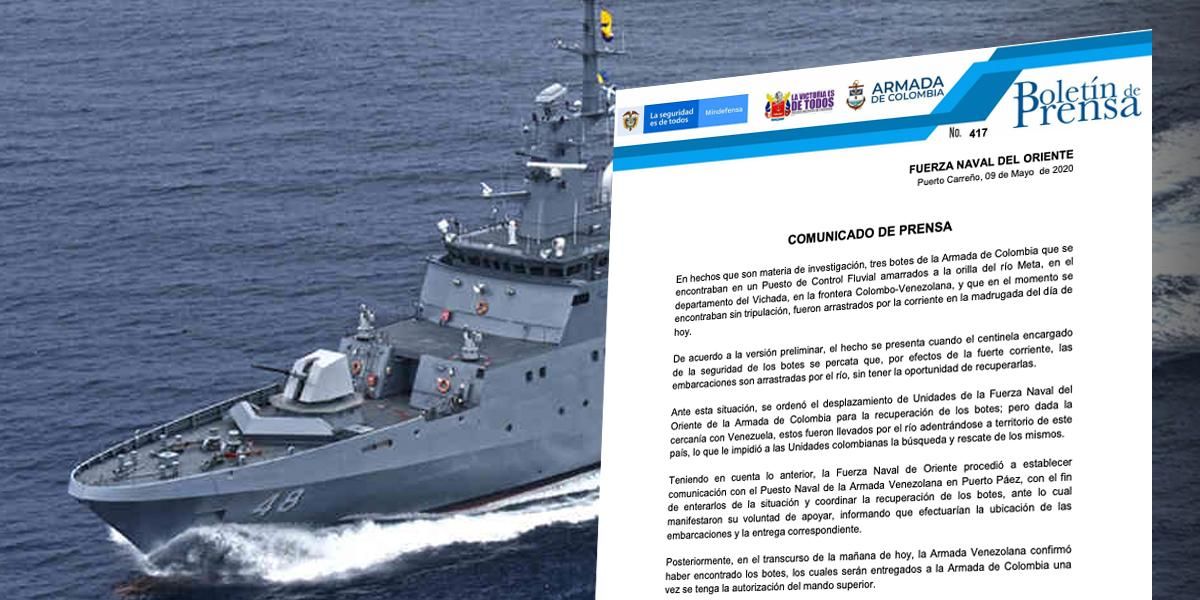 Armada de Colombia explica hallazgo de tres de sus botes en frontera colombo-venezolana