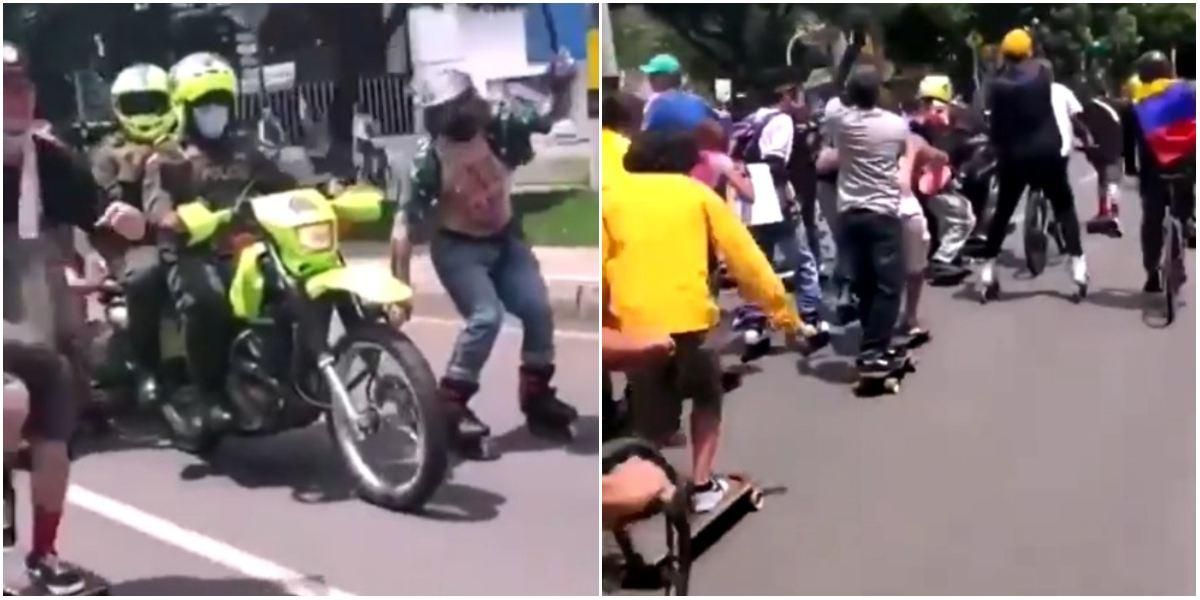 Video policías remolcan patinadores Medellín protestas