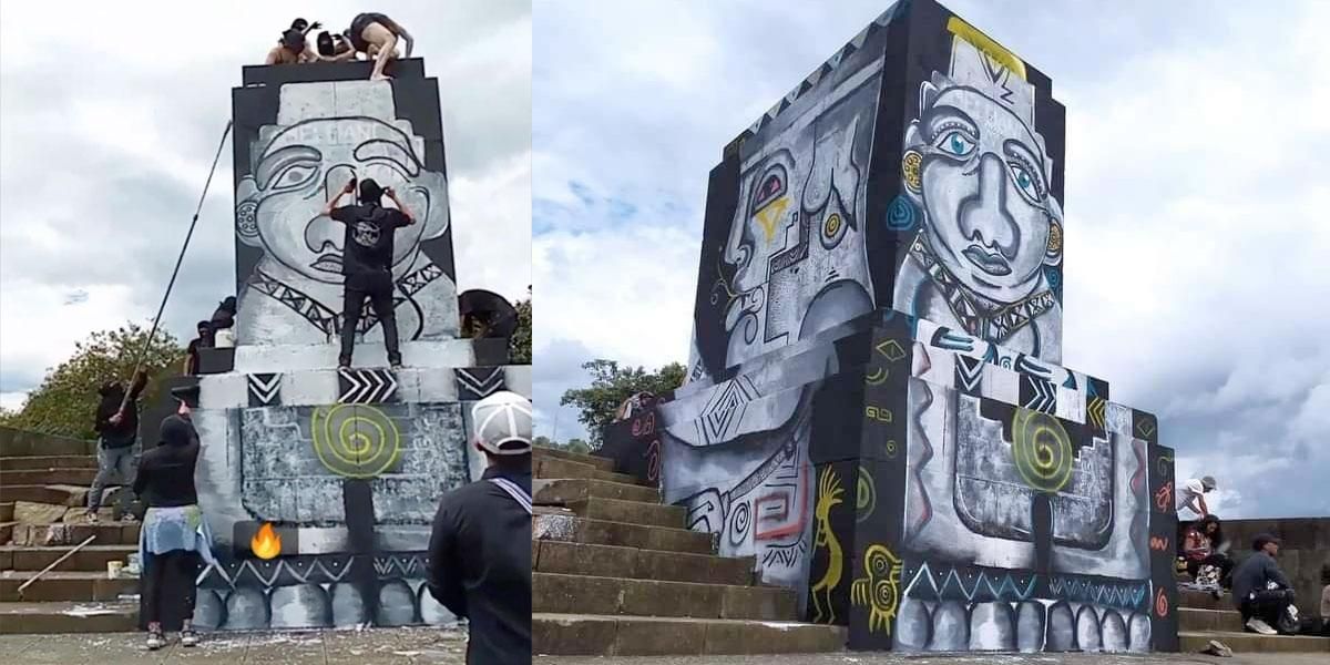 Colectivos de artistas pintan pedestal de Sebastián de Belalcázar en Popayán