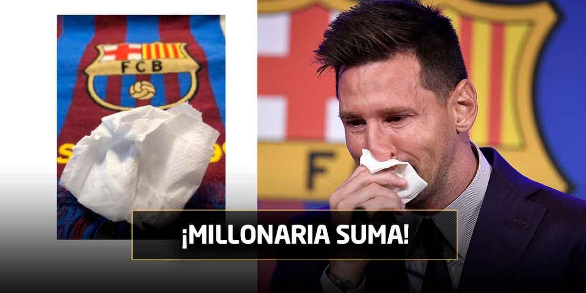 Venden pañuelo de Messi que usó en despedida del Barcelona, con “material muco-genético”