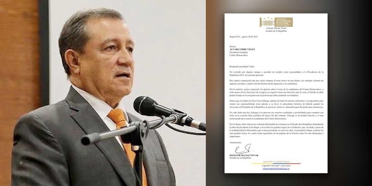 Ernesto Macías rechaza ser candidato presidencial y respalda a Óscar Iván Zuluaga
