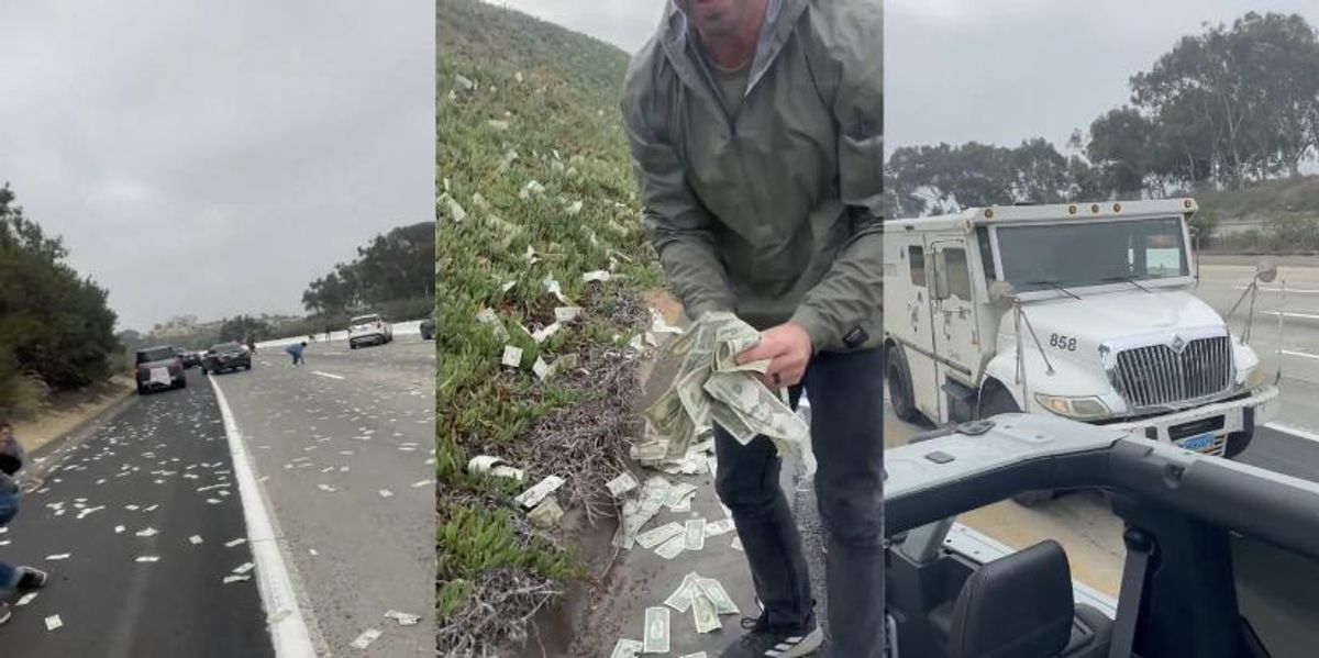 (Video) Alboroto por vehículo blindado que dejó caer fajos de dinero en autopista de California