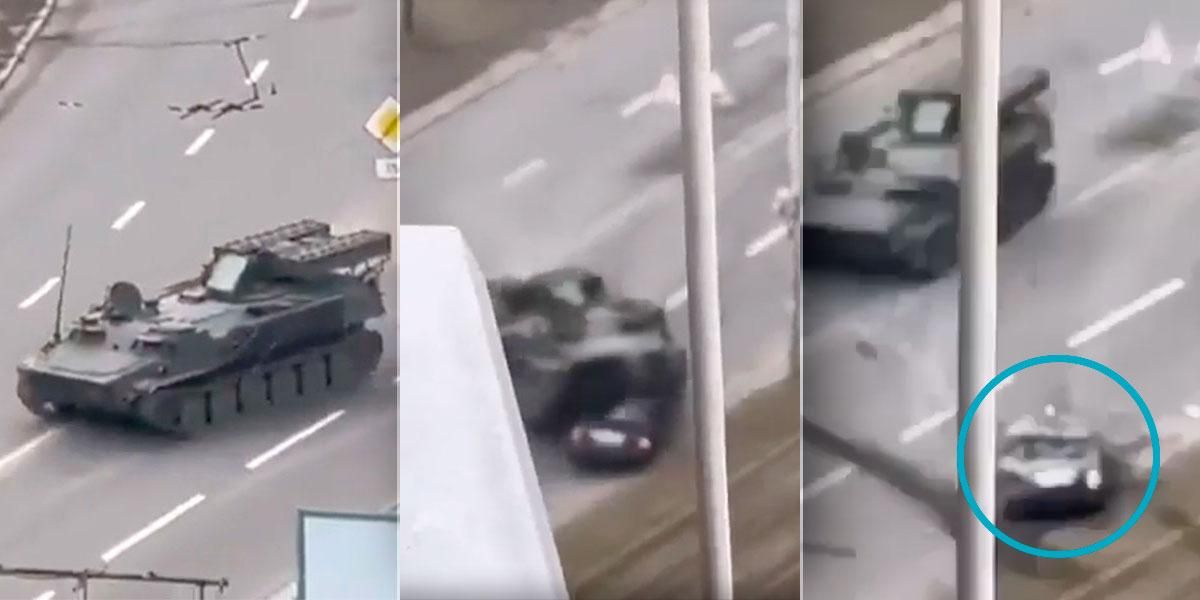 La barbarie de la guerra: aterrador momento en que un tanque ruso aplasta carro con un civil adentro