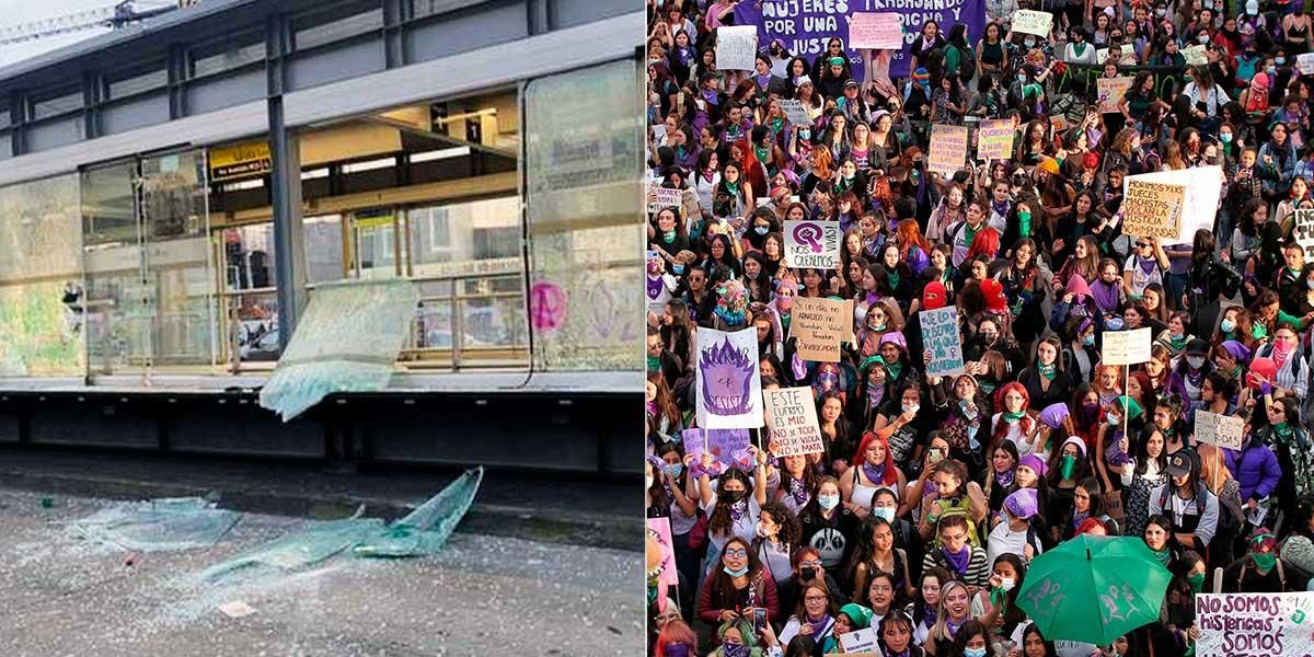 Estaciones de Transmilenio vandalizadas y cerradas tras protestas en marchas del Día de la Mujer