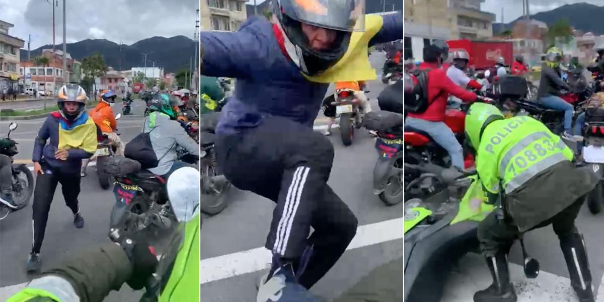 Video: Agreden a policía durante protestas de motociclistas en Bogotá