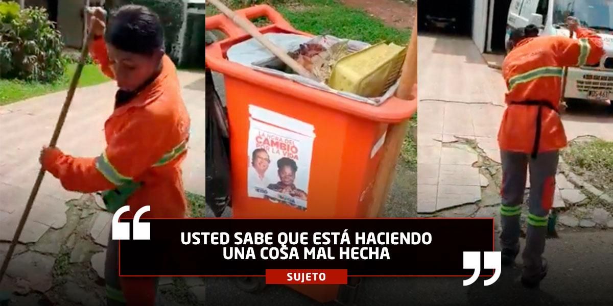 En Antioquia, hombre cuestiona a mujer que limpia calles por tener propaganda de Petro en su carrito