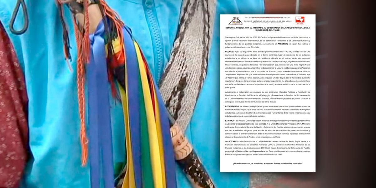 Gobernador del Cabildo indígena de la U. Del Valle, denunció ser víctima de una fuerte amenaza
