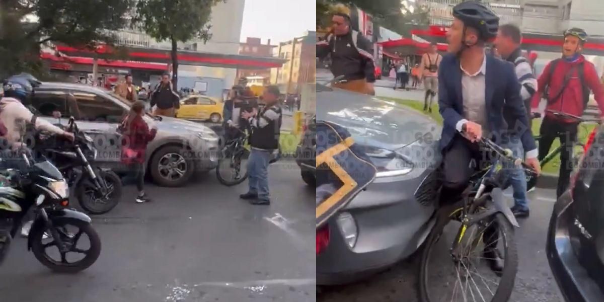 Conductor intenta pasar por encima de un ciclista en plena calle de Bogotá