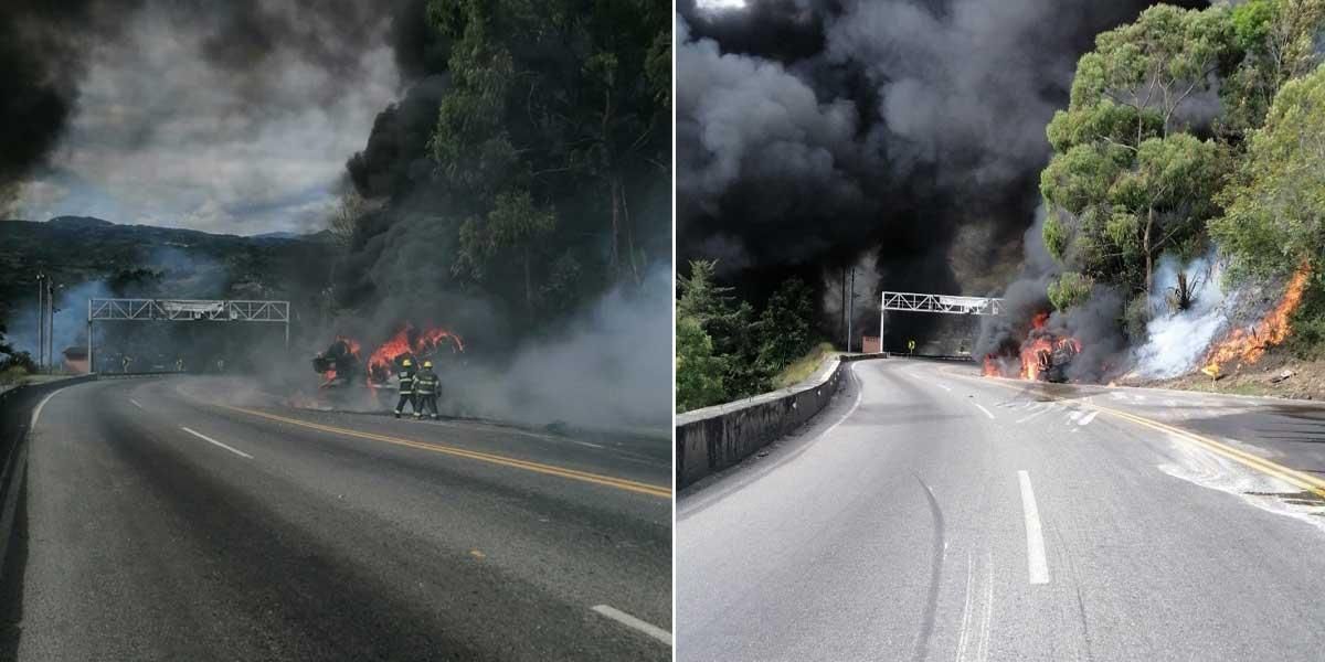 Vía Bogotá – Villavicencio cerrada: tractocamión se volcó e incendió y dejó al conductor muerto