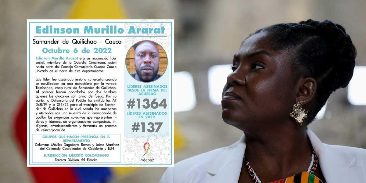Francia Márquez pide investigar el asesinato del líder afro, Edinson Murillo en el Cauca