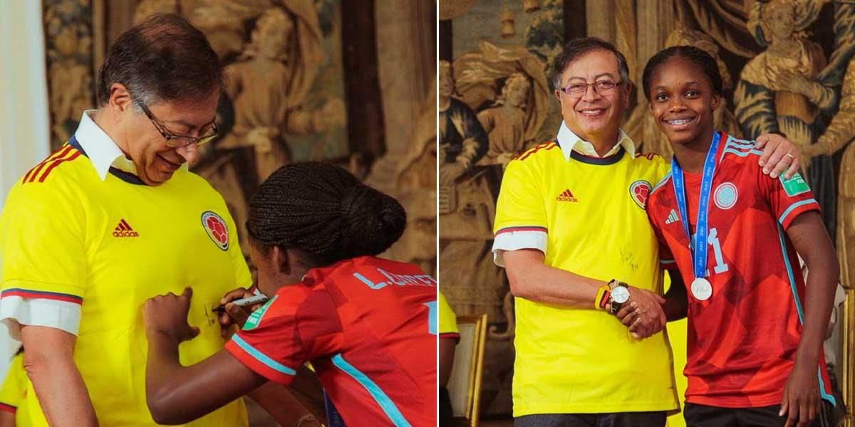 Linda Caicedo le firmó la camiseta de Colombia al presidente Gustavo Petro