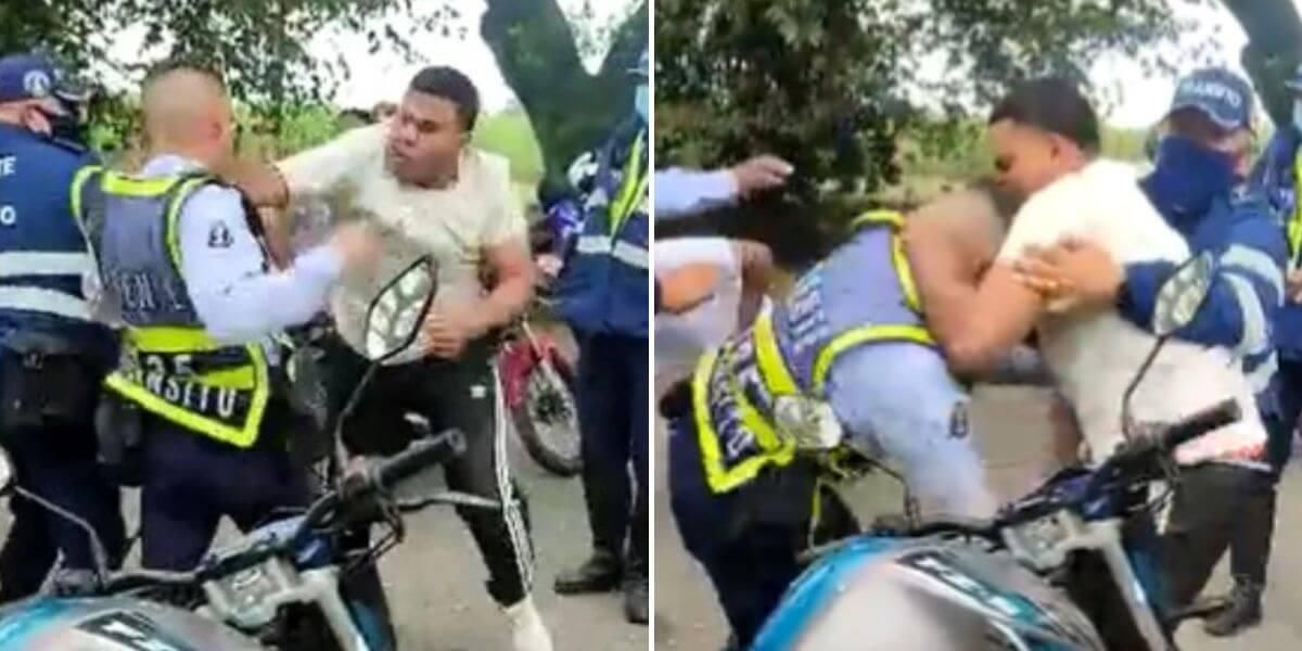 Motociclista se agarra a golpes con policía luego de operativo en Cali