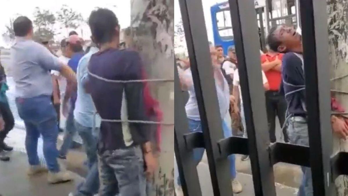 Video | Amarran a un poste y linchan brutalmente a delincuente que robaba celulares