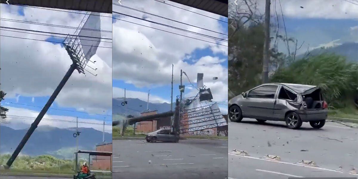 Se salvó por muy poco: fuertes vientos en Armenia tumbaron valla publicitaria que cayó sobre un Twingo