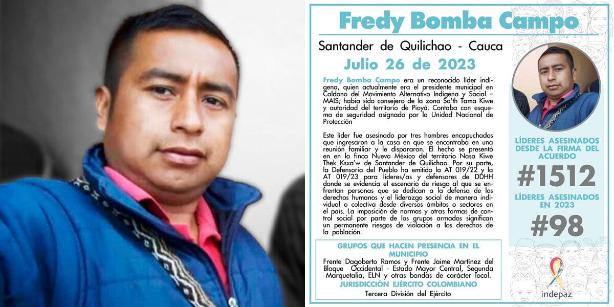 Asesinan al líder indígena caucano Fredy Bomba frente a su familia: disidencias desmienten estar detrás